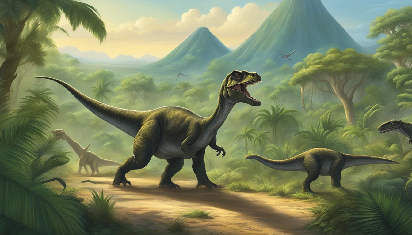 Dinosaurs roam a lush, prehistoric landscape, overshadowing the emergence of early mammals