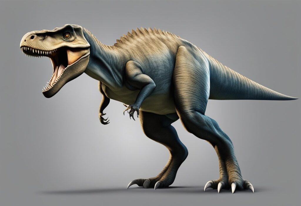 A dinosaur stands on its hind legs, roaring with its mouth open. Its long tail curves behind it, and its sharp claws are visible on its feet