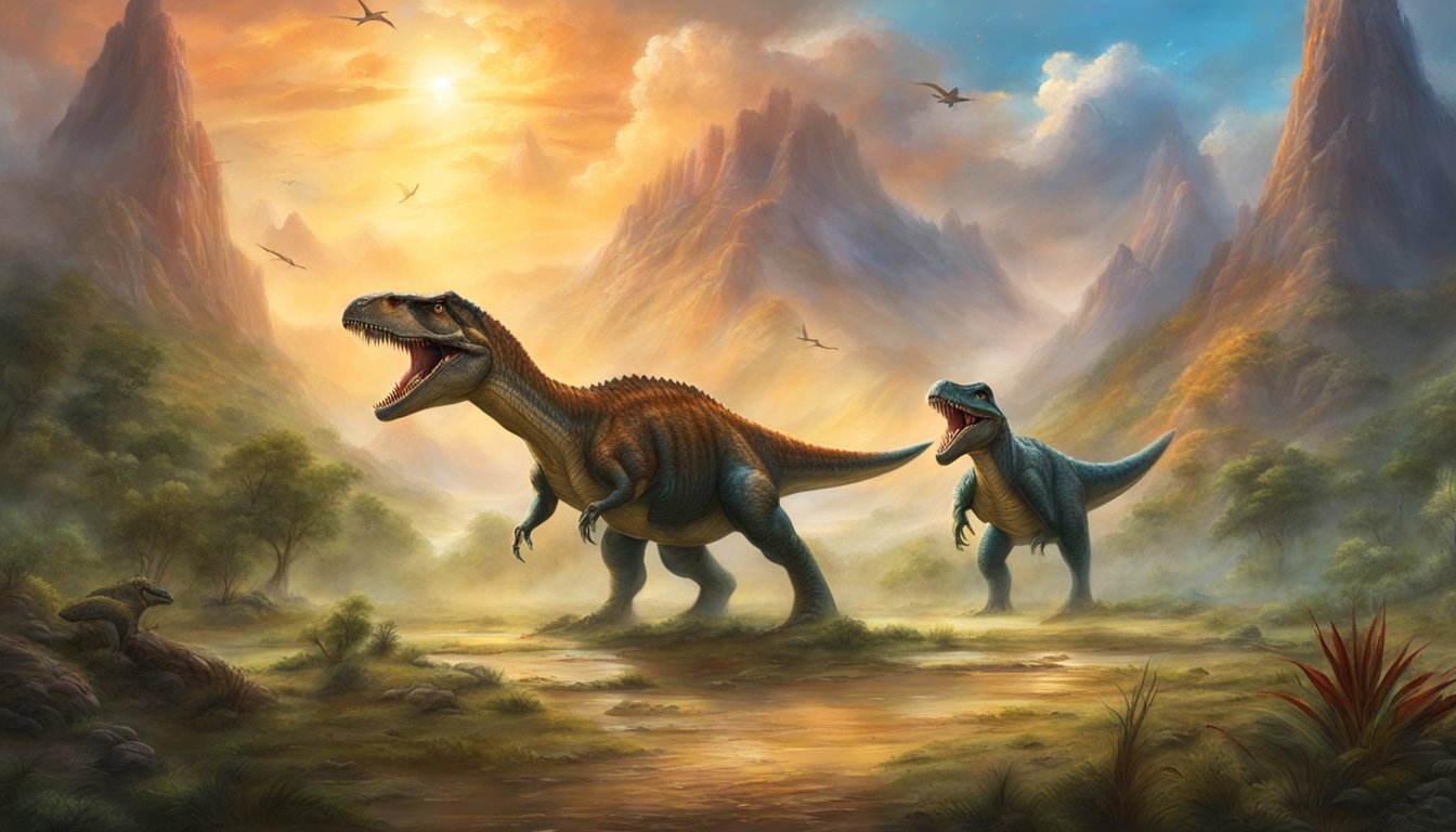 Spinosaurus and T-Rex face off, teeth bared, in a prehistoric landscape. The two giants prepare to battle for dominance
