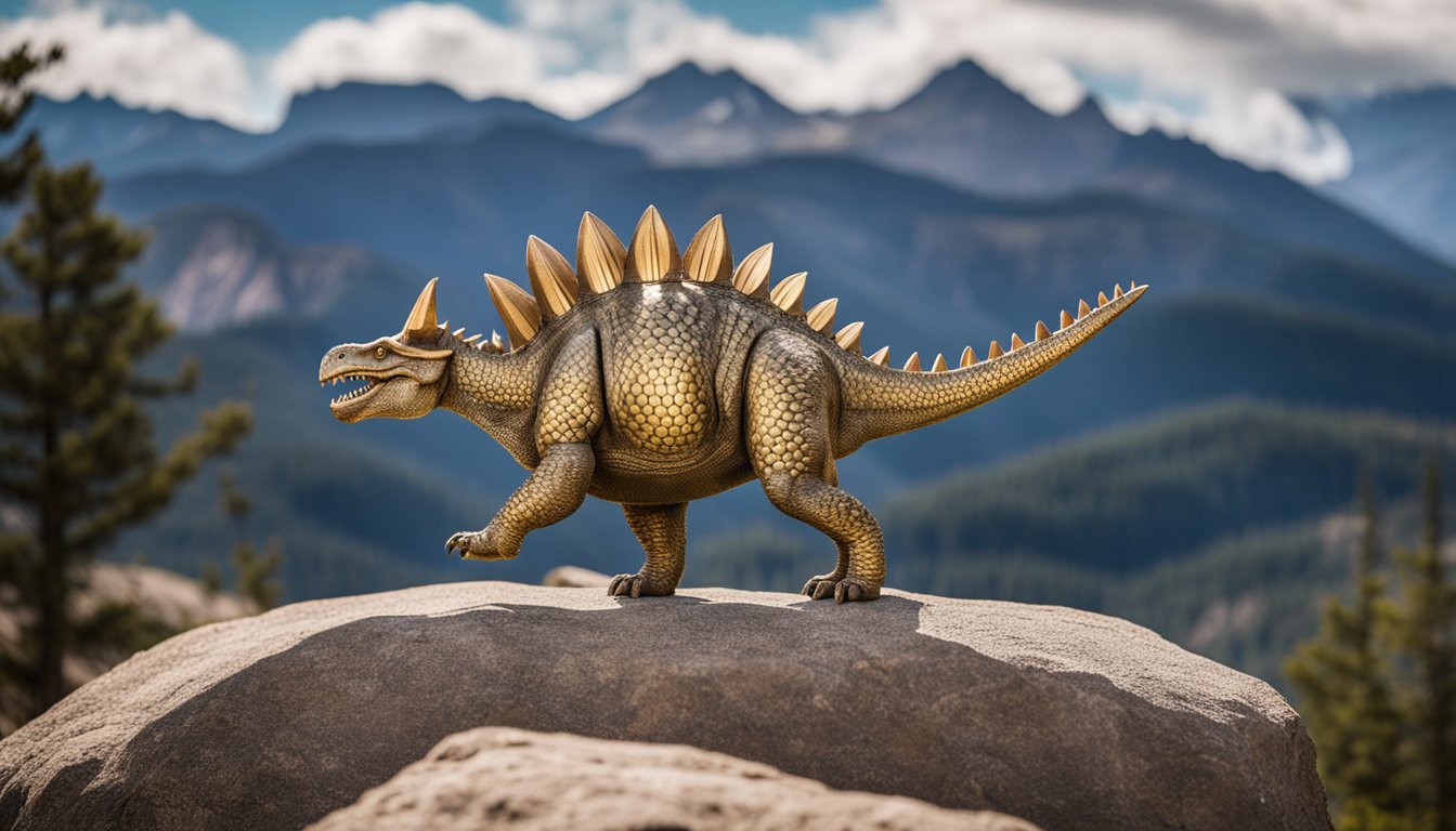 A stegosaurus stands proudly against a backdrop of the Rocky Mountains, its distinctive plates and tail spikes clearly visible. The Colorado state flag flies in the distance