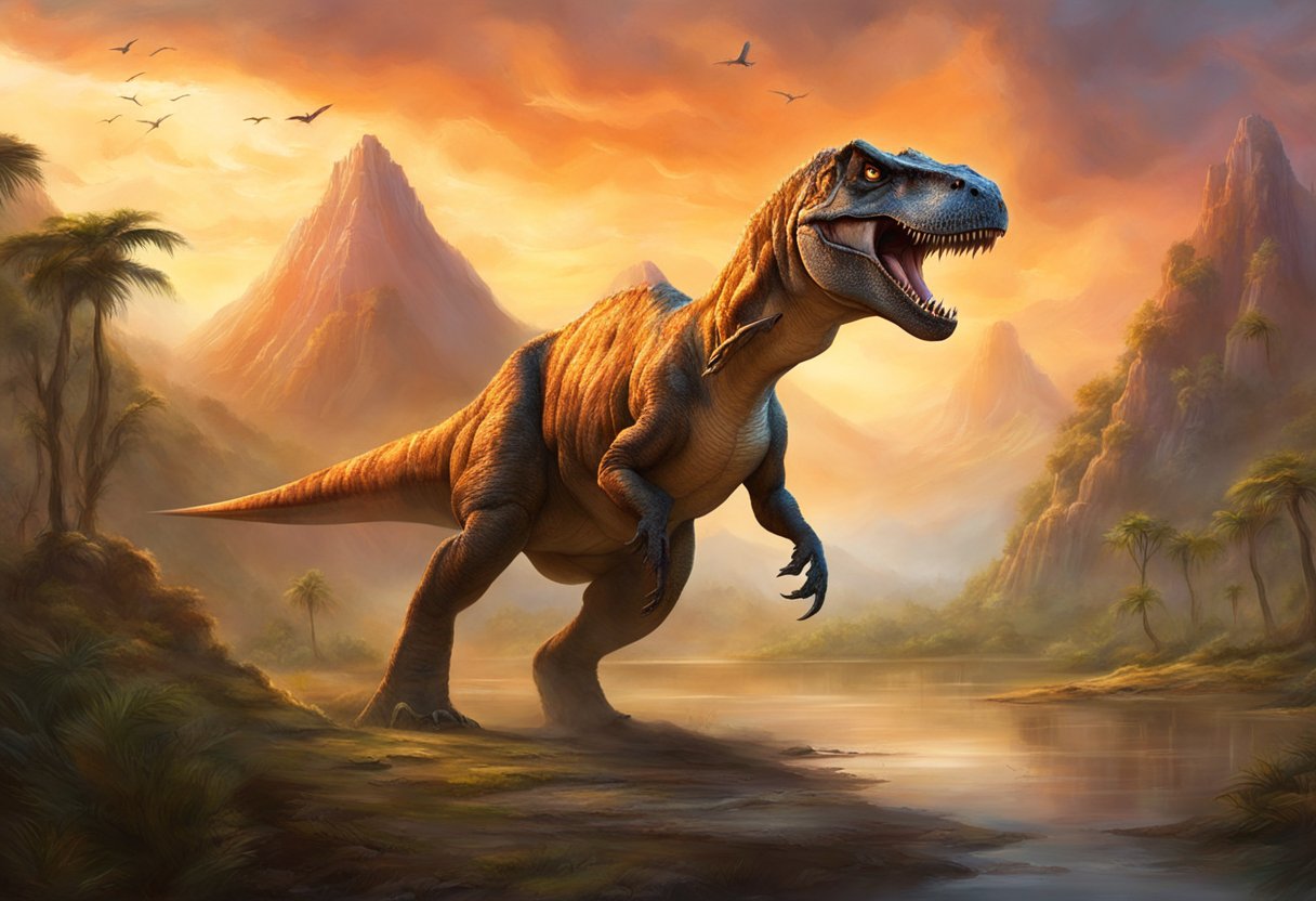 A t-rex with feathers stands tall in a prehistoric landscape, its sharp teeth and menacing gaze capturing the raw power of this ancient predator
