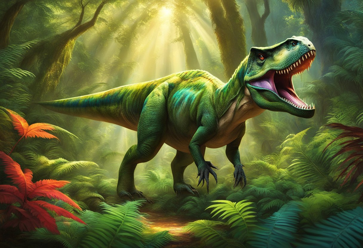 A t-rex with feathers standing in a lush, prehistoric forest, surrounded by ferns and other vegetation. The sun is shining through the trees, casting dappled light on the dinosaur's colorful plumage