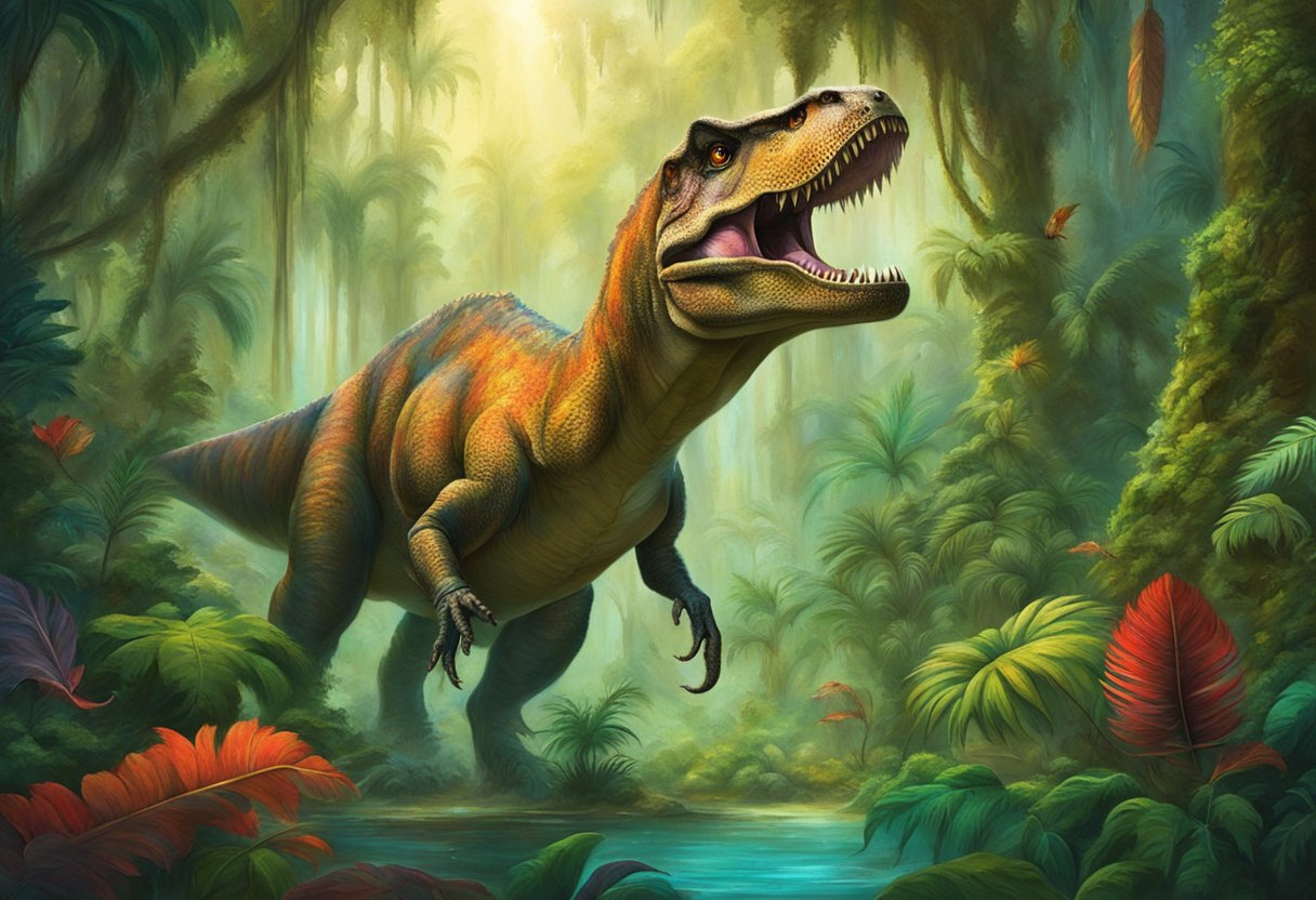 A t-rex with feathers stands in a lush jungle, surrounded by awe-struck onlookers. Its presence symbolizes the cultural impact of new scientific discoveries