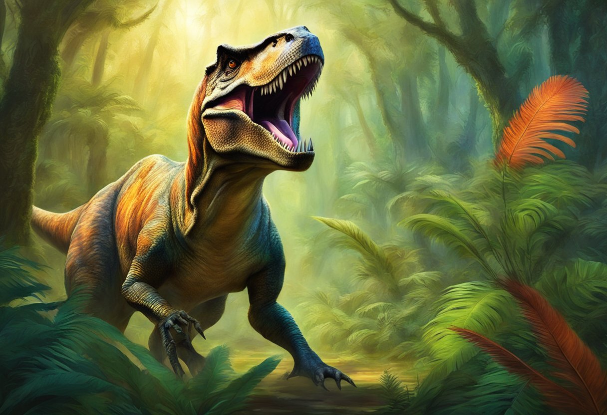 A t-rex with feathers roars while hunting in a lush, prehistoric forest