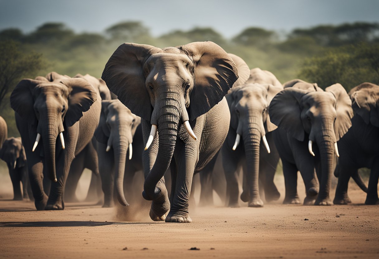 The elephant herd stands strong, facing off against a pack of trexes in a dramatic showdown