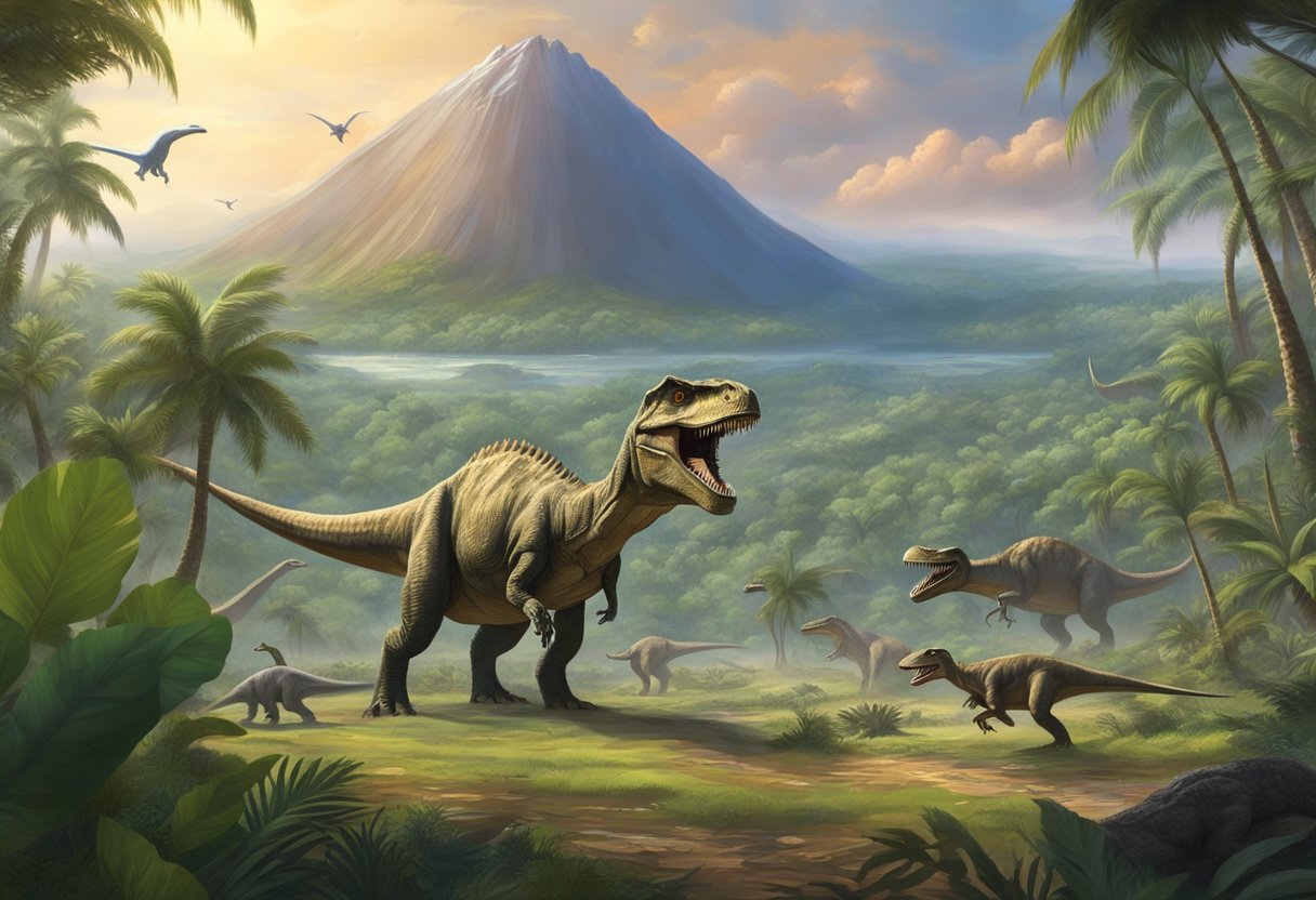 Dinosaurs roam a lush prehistoric landscape, as a massive asteroid hurtles towards Earth in the background. Scientists study fossils and debate theories