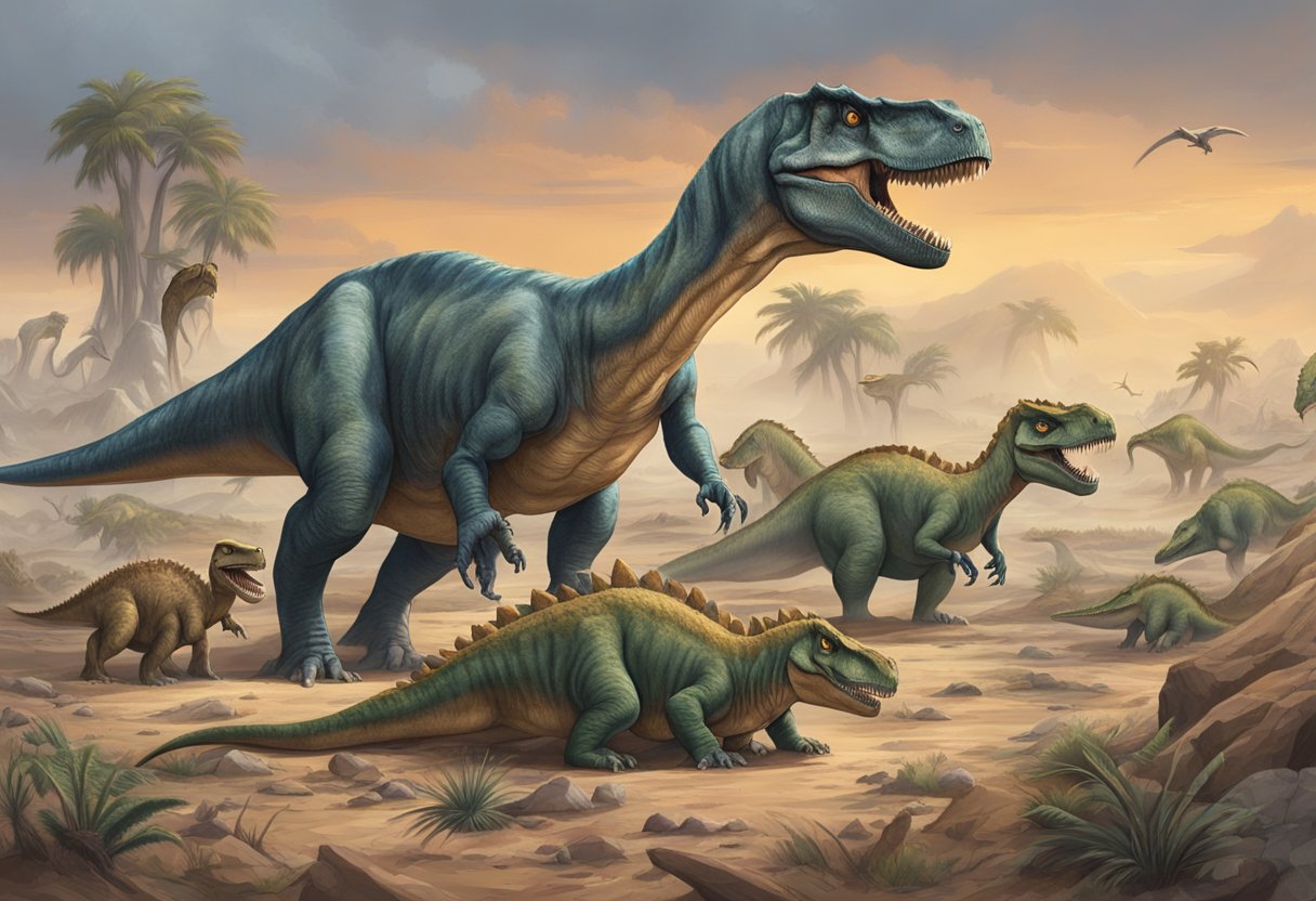 Dinosaurs succumb to disease, shown by a sickly, weakened T-rex surrounded by other ailing dinosaurs in a desolate, dying landscape