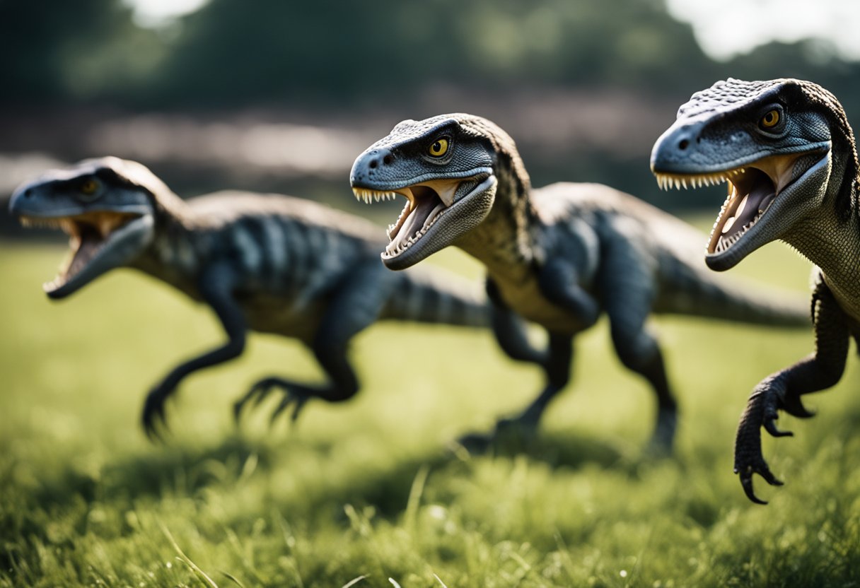 A pack of velociraptors hunts in unison, displaying cunning and coordination in their pursuit of prey