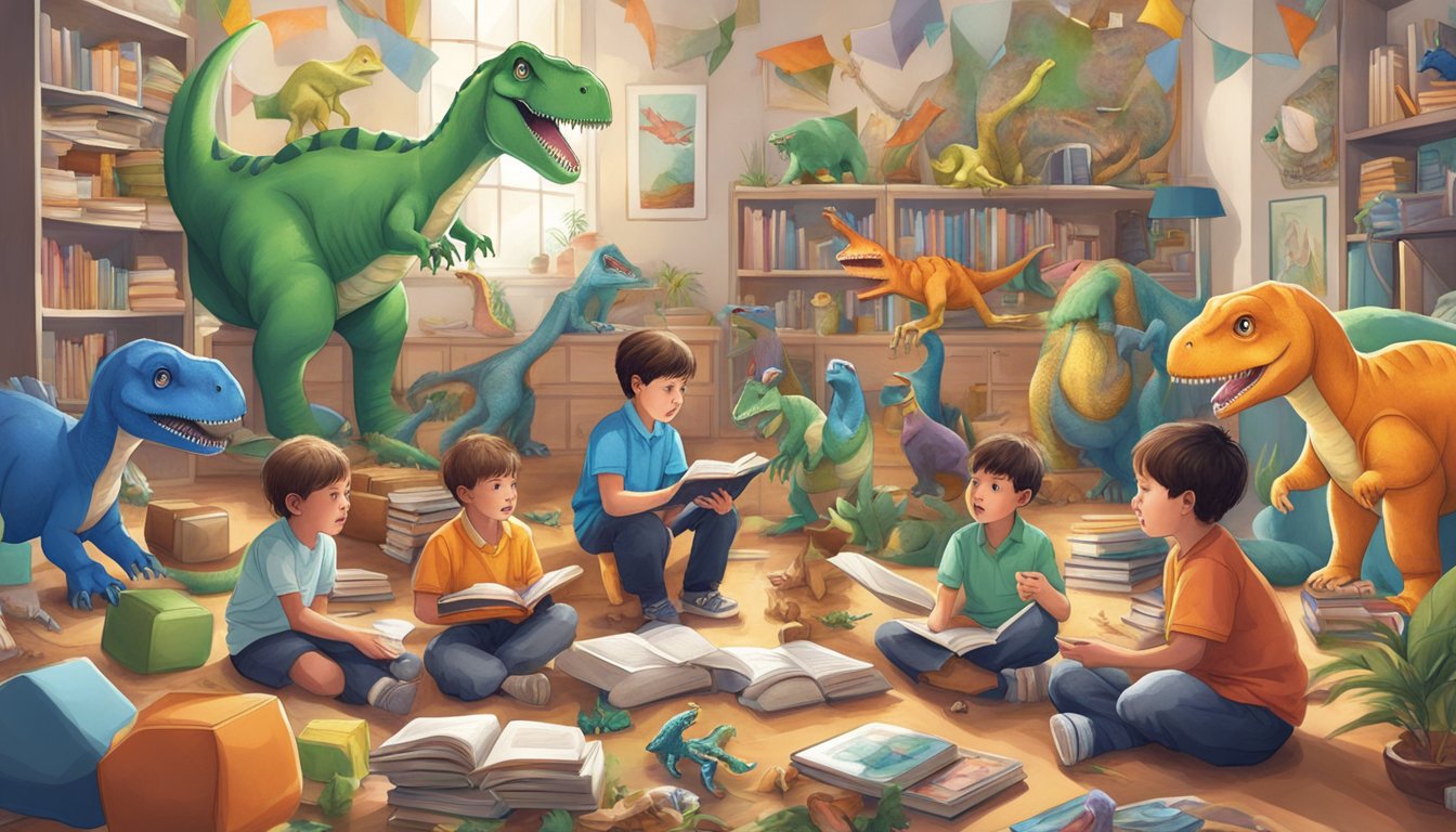 Autistic kids surrounded by dinosaur toys, books, and posters, displaying intense fascination and joy