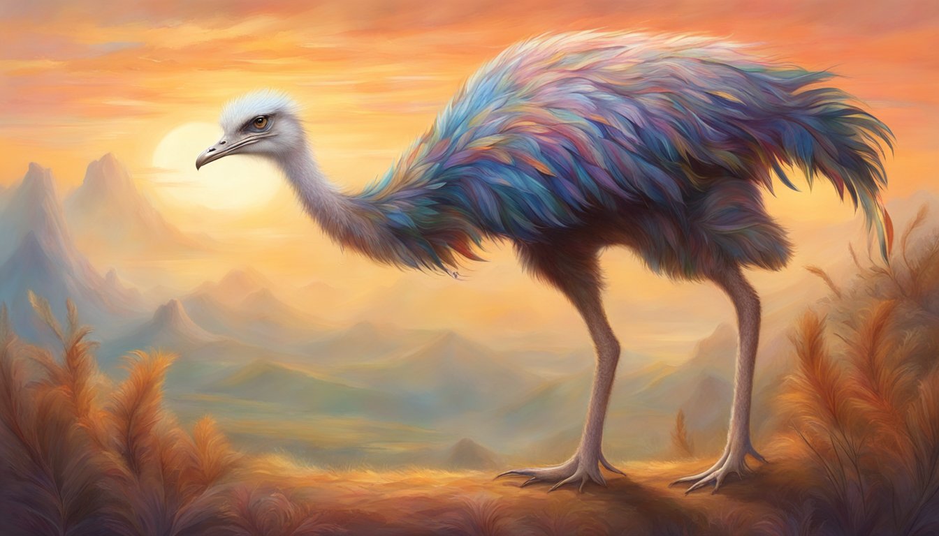 An ostrich stands tall, its long legs and beak resembling those of a dinosaur. Feathers cover its body, hinting at its evolutionary link to ancient creatures