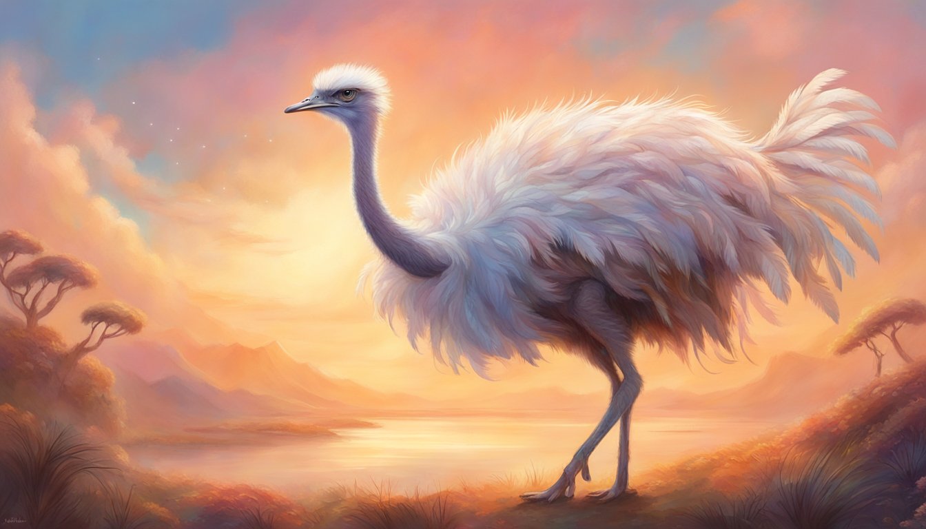 An ostrich stands tall, with long legs and a neck. Its large, round body is covered in fluffy feathers, and its small head holds a sharp, pointed beak