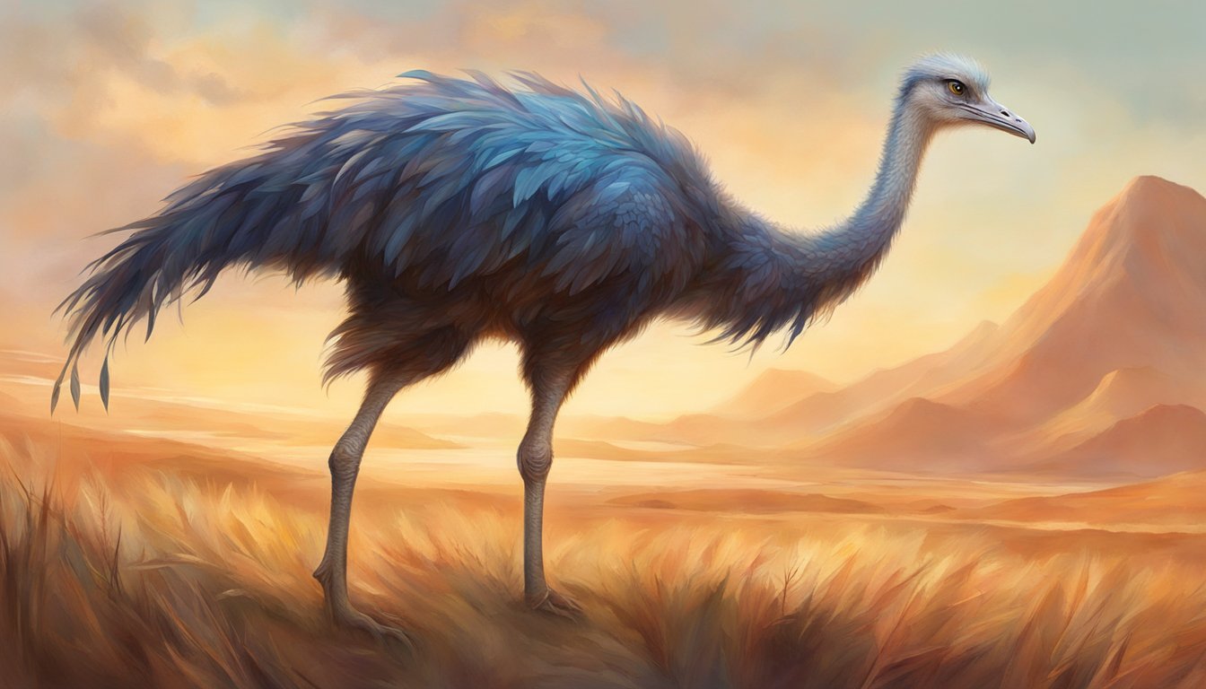 An ostrich stands tall, its long neck and legs resembling those of a dinosaur. Its feathers are sleek and its eyes are sharp, exuding a sense of ancient lineage