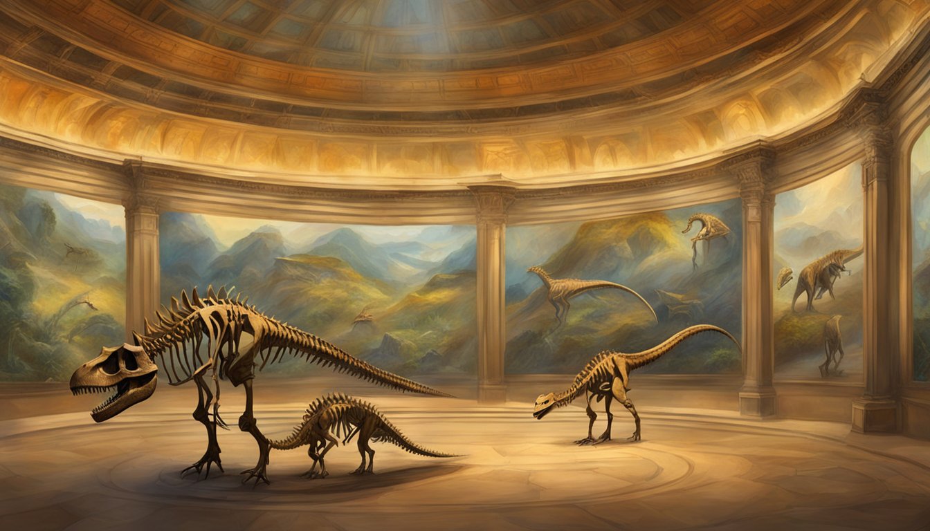 Dinosaur skeletons displayed in a museum exhibit, with a sign reading "Misconceptions About Dinosaurs" and a question asking if they are still alive today