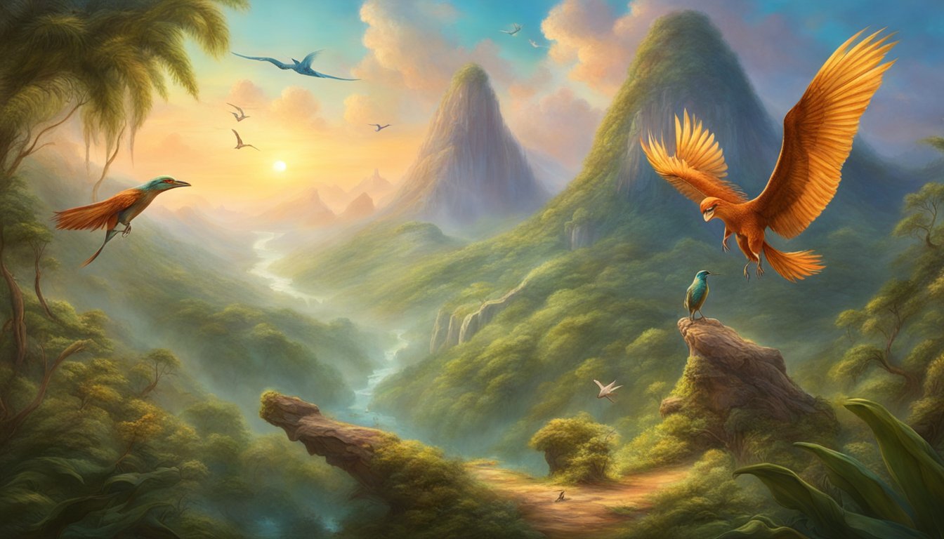 Birds fly and perch in a lush, prehistoric landscape, evoking their ancient dinosaur ancestors