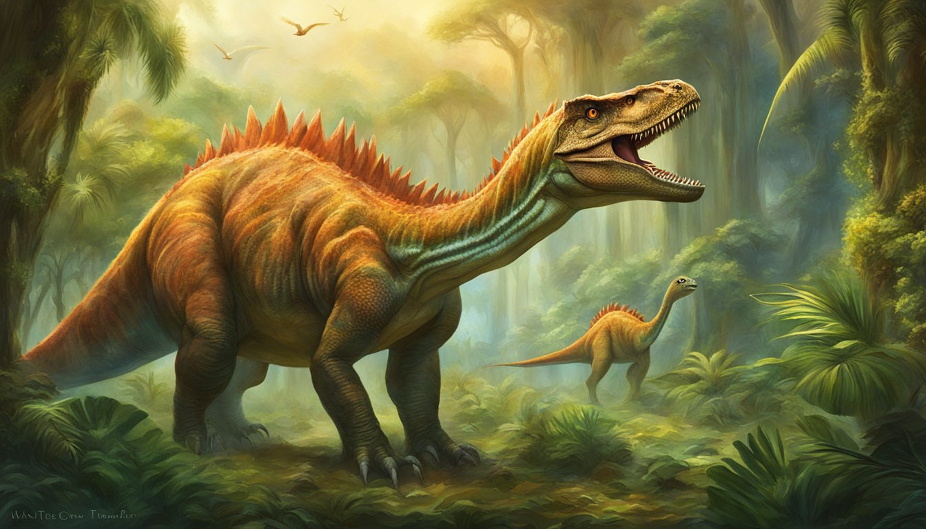 Extinct non-avian dinosaurs roam a prehistoric landscape, towering over the lush vegetation, with their sharp teeth and powerful claws on display