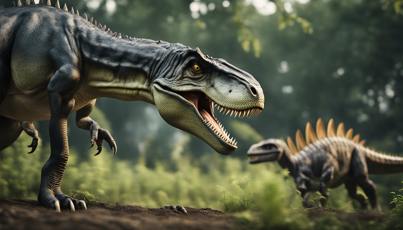 The allosaurus stalks a herd of herbivores, its sharp teeth and powerful jaws ready to take down its prey