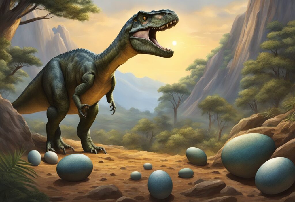 Dinosaur eggs of varying sizes scattered across a prehistoric nest, with a towering dinosaur in the background