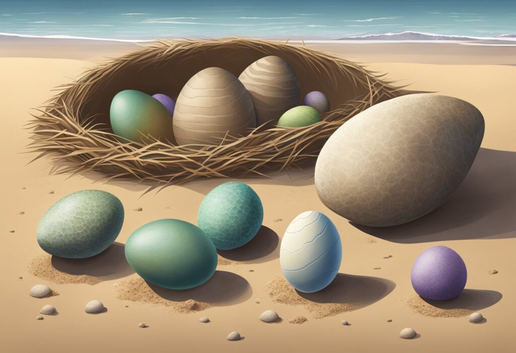 Dinosaur eggs lay scattered across the sandy nest, varying in size from small to large, with some as big as a basketball