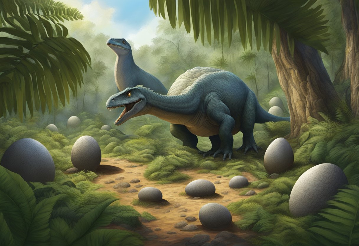 Dinosaur eggs scattered across a prehistoric nesting ground, varying in size and shape, surrounded by ancient vegetation and towering ferns