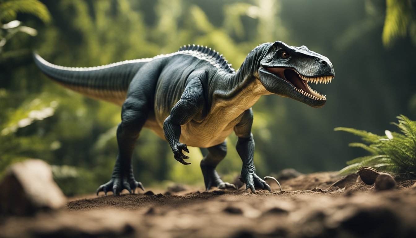 The allosaurus stalks its prey, using its sharp teeth and powerful legs to take down smaller dinosaurs