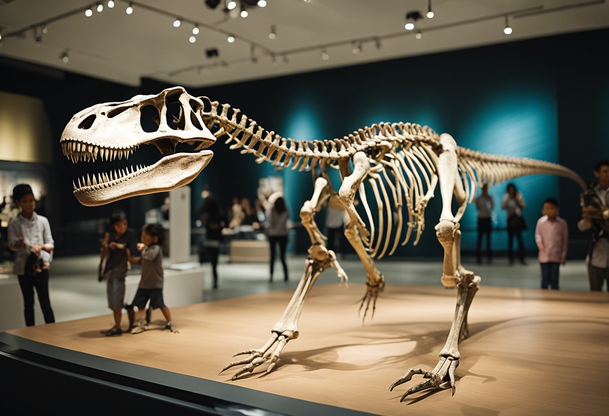 An allosaurus skeleton displayed in a museum, surrounded by fascinated onlookers and children pointing in awe