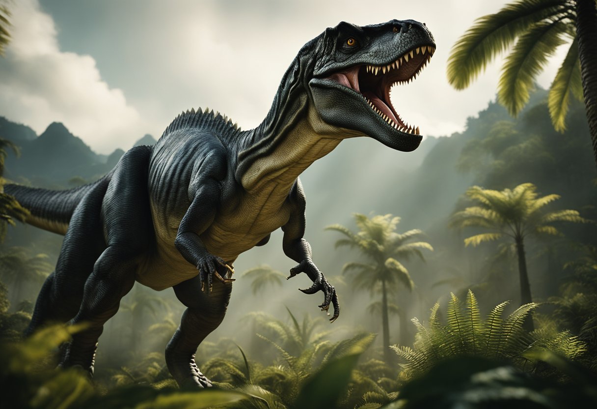 An allosaurus roars in a prehistoric jungle, towering over smaller creatures. Its fierce presence captures the imagination of writers and artists, inspiring countless depictions in literature and popular culture