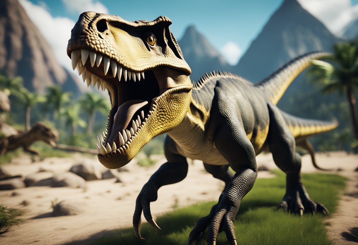 An allosaurus roars in a prehistoric video game, its sharp teeth and powerful claws influencing popular culture