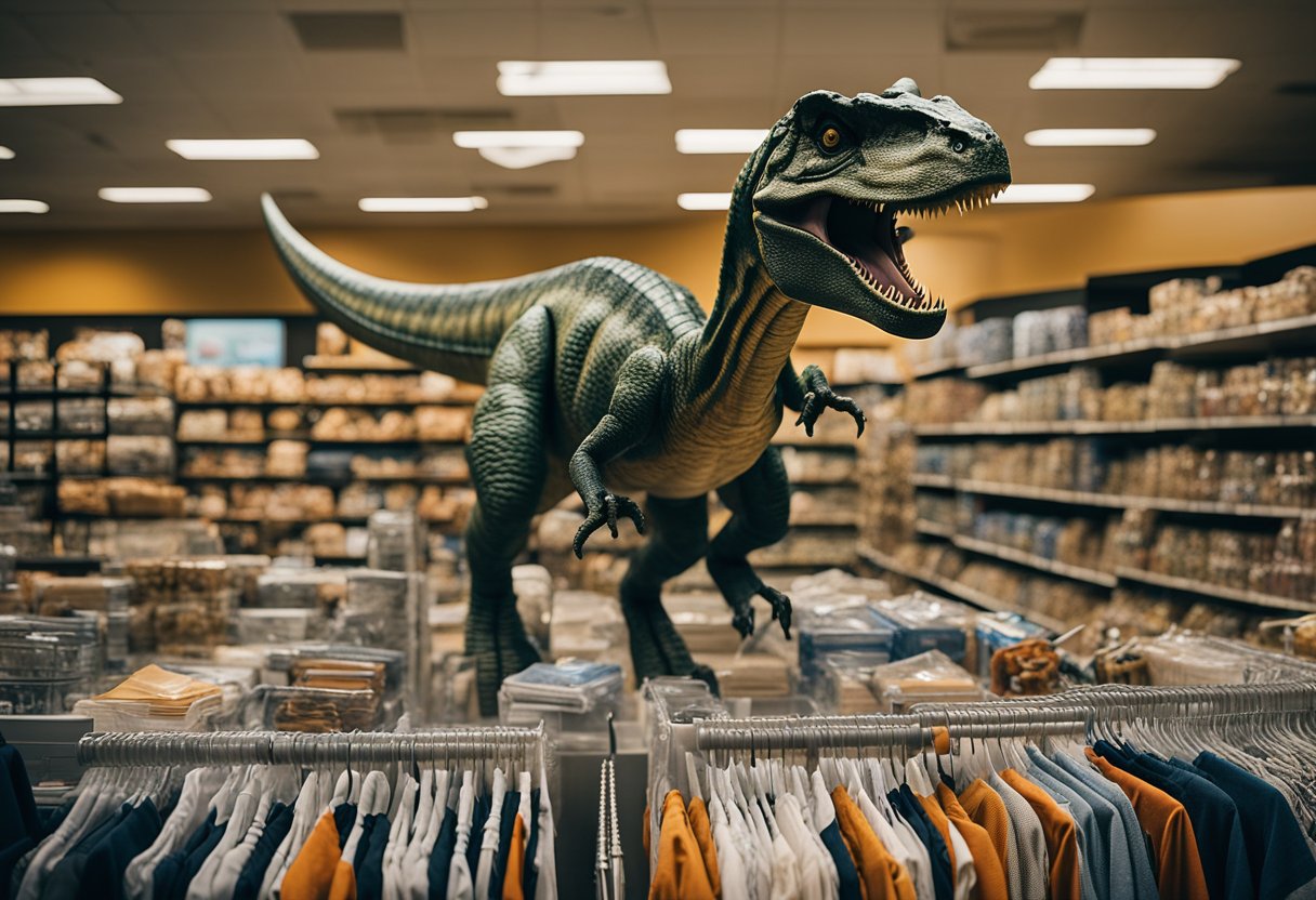 An allosaurus stands tall amidst a sea of merchandise, its fierce visage adorning t-shirts, toys, and posters, a symbol of its enduring influence on popular culture